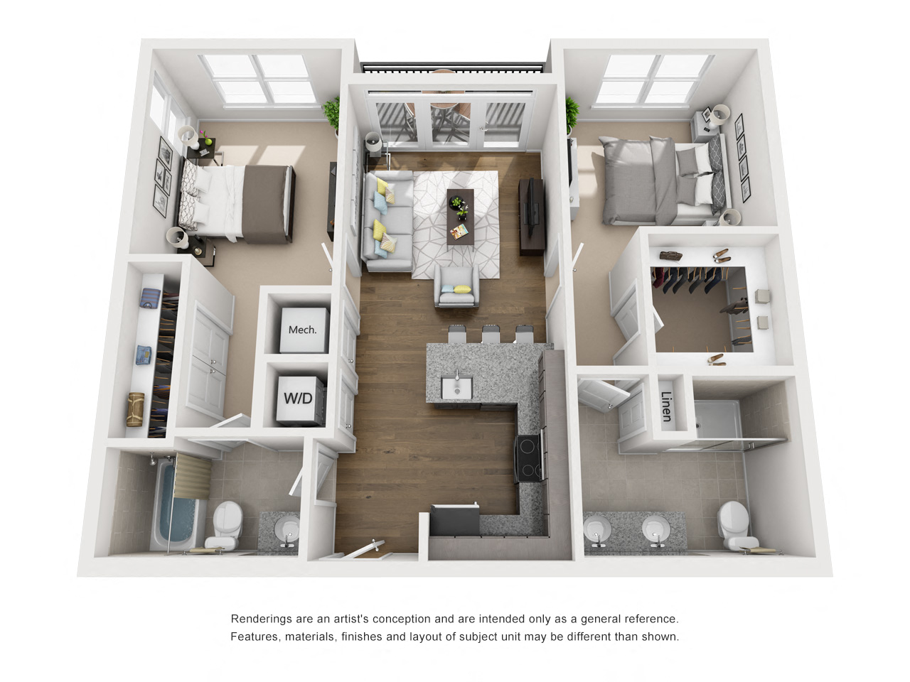 Floor plan for 2 beds, 2 baths, 898 sqft